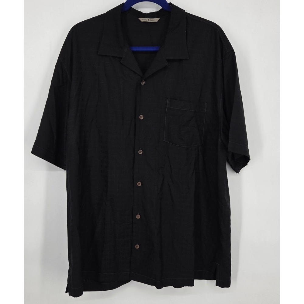 Tommy Bahama Mens XL Black 100% Silk Geometric Jacquard Short Sleeve Camp Shirt